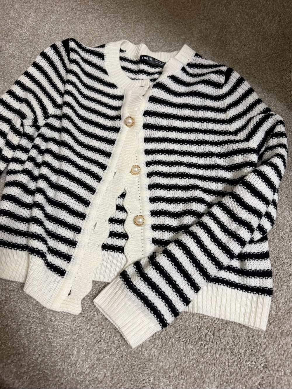 SHEIN Black & White Striped Pearl-Button Cardigan